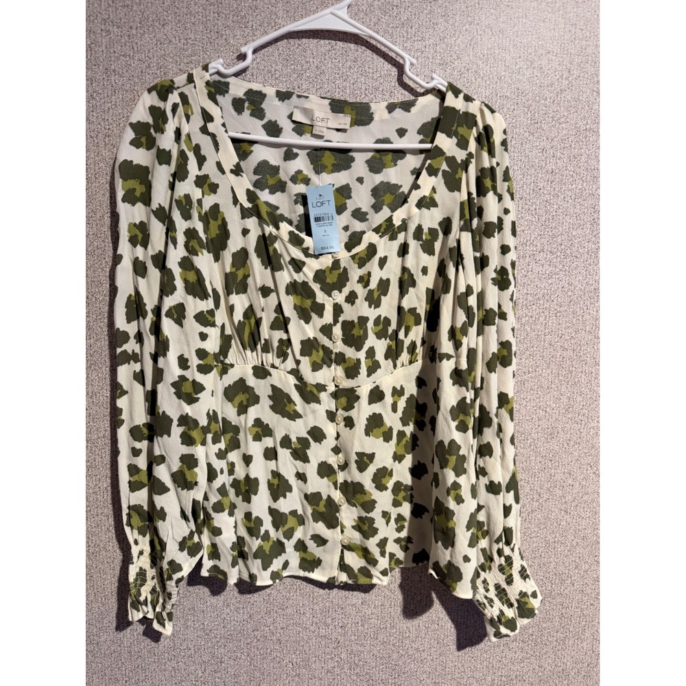 Loft Green Leopard Print Button Front Blouse Small Petite New With Tags